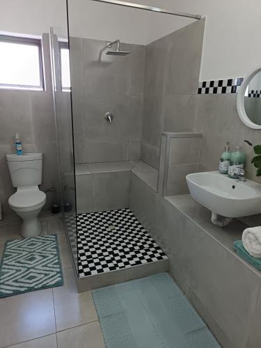 a bathroom with a shower and a toilet and a sink at Fortress Rock in Bredasdorp