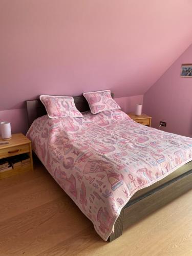 a bedroom with a bed with a pink comforter and two tables at Chez Nouchka 