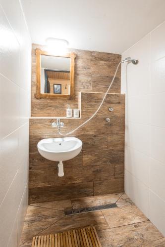a bathroom with a sink and a mirror at Palčovka - apartmán U Štěpána a U Dorotky in Huty