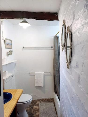 a white bathroom with a toilet and a sink at The Coach House Bredasdorp in Bredasdorp