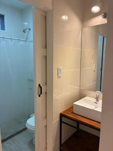 a bathroom with a sink and a toilet at Colibrí - Smart Hostel in San Juan