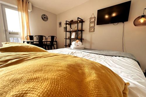 a bedroom with a bed and a tv on the wall at Lion - Centre-ville - MA CONCIERGERIE in Vesoul