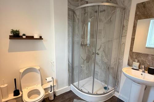 a bathroom with a shower and a toilet and a sink at 2 Bed - Sleeps 6 - Free Parking in Bracknell