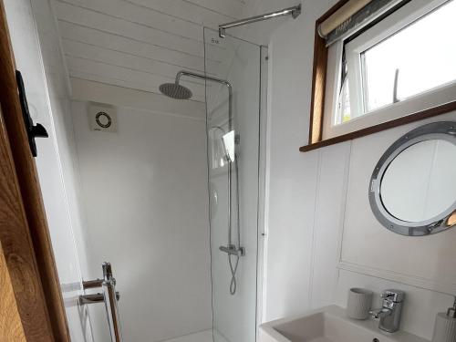 a bathroom with a shower and a sink at Shepherds Cabin at Titterstone in Farden