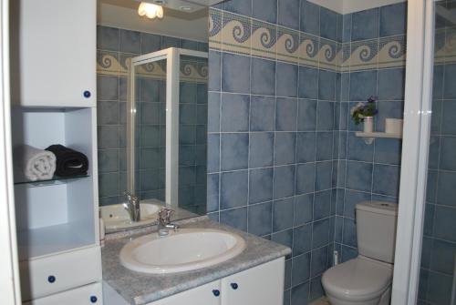 a blue tiled bathroom with a sink and a toilet at la belle étape in Osséja