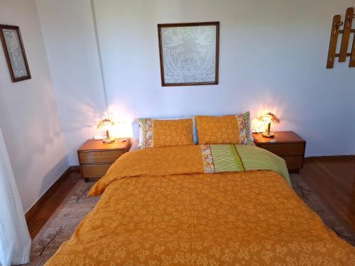 a bedroom with a bed with two lamps on two tables at Dinaki apartment in Florina