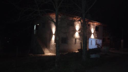 ein Haus in der Nacht mit einem Baum davor in der Unterkunft Balcones del Rio in Santa Rosa de Calamuchita