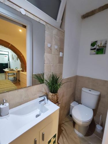a bathroom with a toilet and a sink and a mirror at Templar Arch Retreat in Tomar