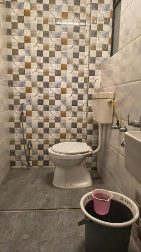 a bathroom with a toilet and a sink and a bucket at Hotel Padma Krishna in Pune