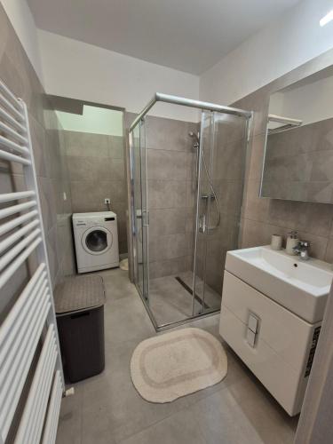 a bathroom with a shower and a sink and a washing machine at Gabi Papa Apartman in Pécs