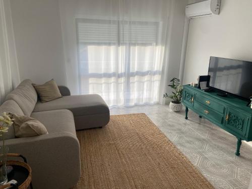 a living room with a couch and a flat screen tv at Casa de campo do Rojão do Meio in Mesão Frio