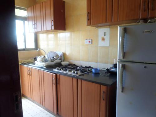 a kitchen with wooden cabinets and a white refrigerator at Sunshine in Nairobi