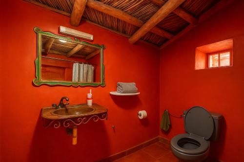 a red bathroom with a toilet and a mirror at DAR Moha dades in Aït Ougliff