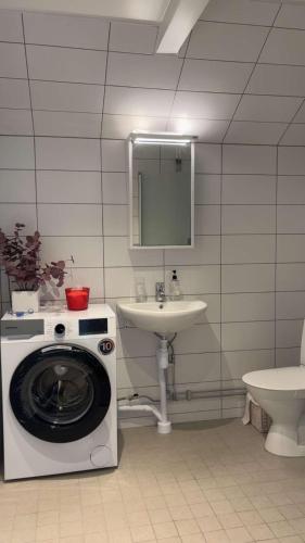 a washing machine in a bathroom with a sink at Rudbecksgatan BB in Eskilstuna