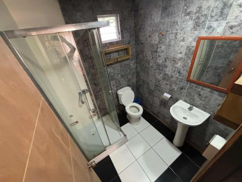 a bathroom with a shower and a toilet and a sink at Cabañas fariña llanquihue in Llanquihue