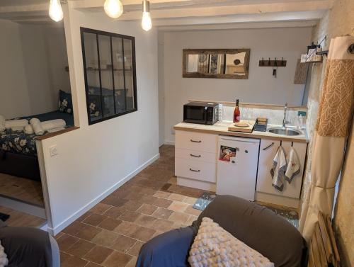 eine Küche mit Sofa und Waschbecken in einem Zimmer in der Unterkunft Studio cosy & ses troglos "Chez Evariste" 
