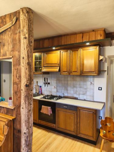 a kitchen with wooden cabinets and a stove at Alma Hunting Lodge in Borca di Cadore