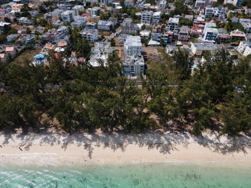 an aerial view of a beach with trees and houses at Seaview Apartment by Beach in Flic-en-Flac