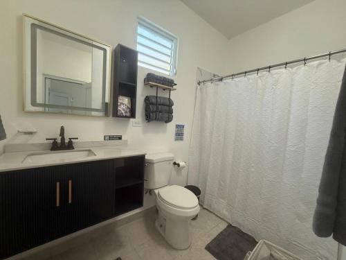 a bathroom with a toilet and a sink and a mirror at House with pool and close to everything in San Juan