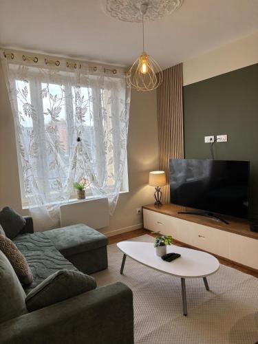 a living room with a couch and a tv and a table at Superbe T2 in Orléans