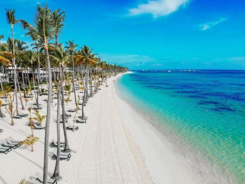 a beach with palm trees and chairs and the ocean at CARIBBEAN VACATION at playa LOS CORALES in Punta Cana