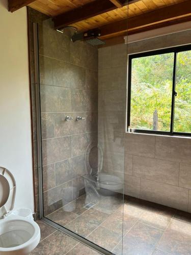 a bathroom with a glass shower with a toilet at Pazionart Chalets in Santa Elena