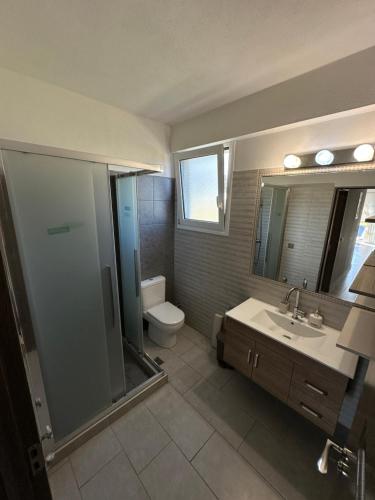 a bathroom with a sink and a toilet and a mirror at Marilena in Skala