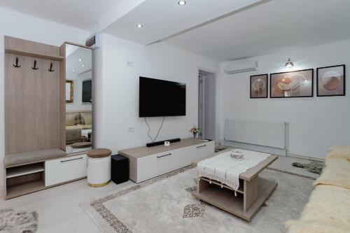a living room with a tv and a couch at Premium Central Apartments - with jacuzzi and private terrace in Râmnicu Vâlcea