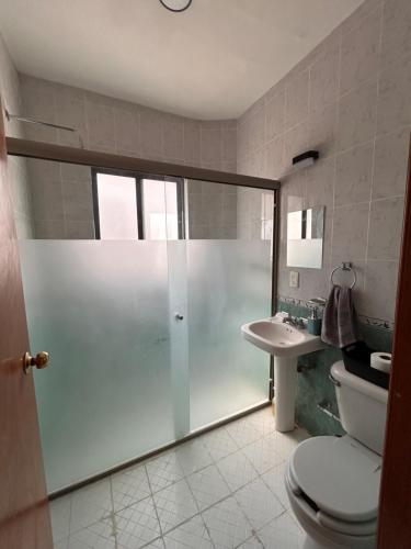 a bathroom with a shower and a toilet and a sink at Departamento a una cuadra del angel de la independencia in Mexico City