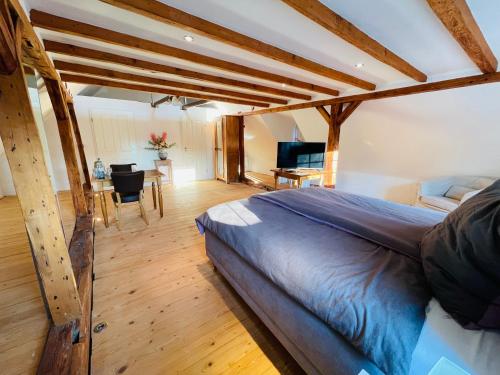 ヴッパータールにあるHaus Mees Appartementsのベッドとリビングルームのある寝室