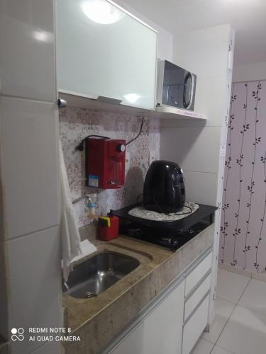 a small kitchen with a sink and a microwave at Israel Flat 413 Tambau in Tambaú