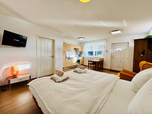 una camera con un grande letto bianco e una cucina di Erlebnisbad Badkap in 5 Minuten! ad Albstadt