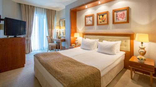a hotel room with a bed and a flat screen tv at Rixos-Prykarpattya Resort in Truskavets