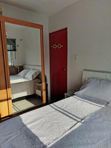 a bedroom with a mirror next to a bed at Loft do Bosque in Ananindeua