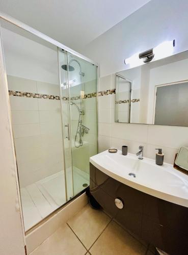 a bathroom with a sink and a shower at Soleilcaraïbe Studio - direct beach access Gosier in Le Gosier