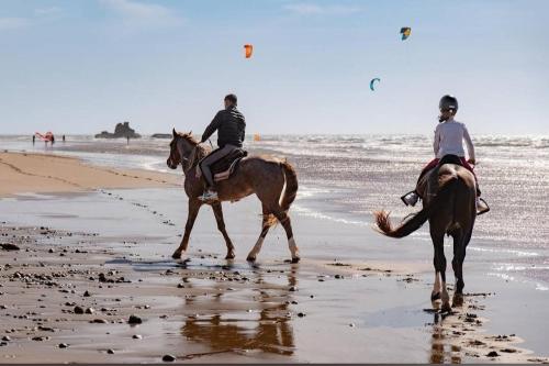 two people are riding horses on the beach at Appartement Casa in Essaouira