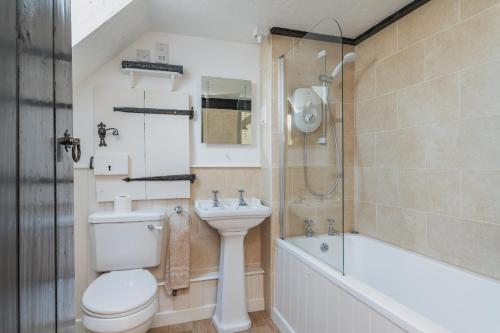 een badkamer met een toilet, een wastafel en een douche bij Valley Farm Holiday Cottages in Axminster