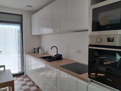Una cocina con encimera con fregadero y microondas. en Maison de pêcheurs, en Ault