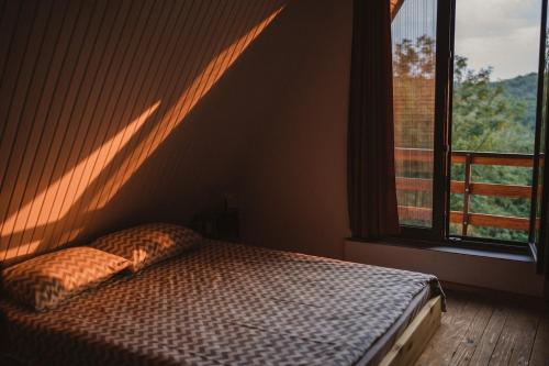 Un dormitorio con una cama y dos ventanas en Forrest House, en Doboj