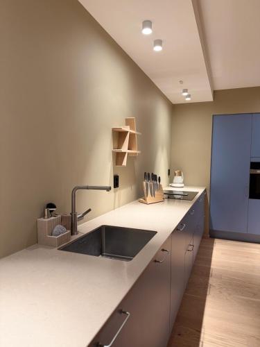 a kitchen with a sink and a counter top at Aurora Panorama in Tromsø