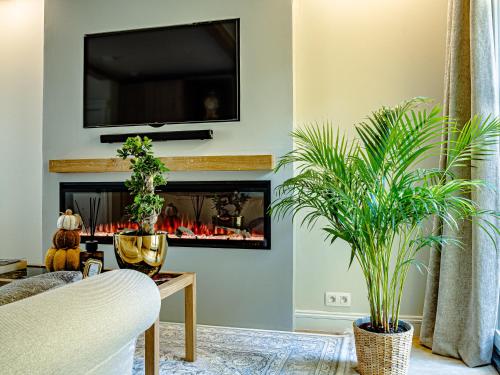 a living room with a fireplace with a tv above it at Lovelace Suites by Threads of Time Hotel Bruges in Bruges