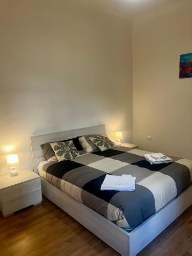 a bedroom with a large bed with two lamps at Appartamento Revoltella16 in Trieste