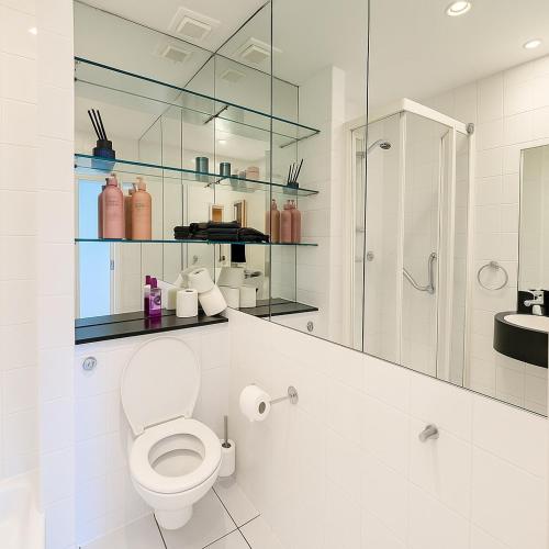 a white bathroom with a toilet and a shower at The Blue Haven - Calm and Cozy Stay in Cork
