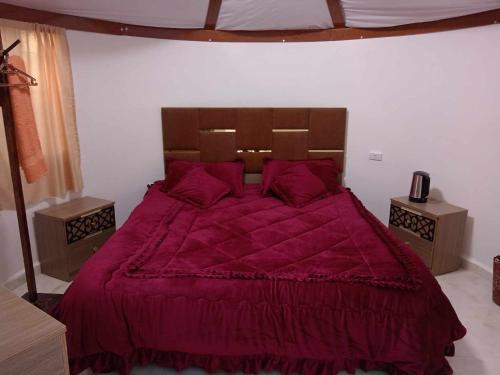 a bedroom with a large bed with a red comforter at petra towering rock in Wadi Musa