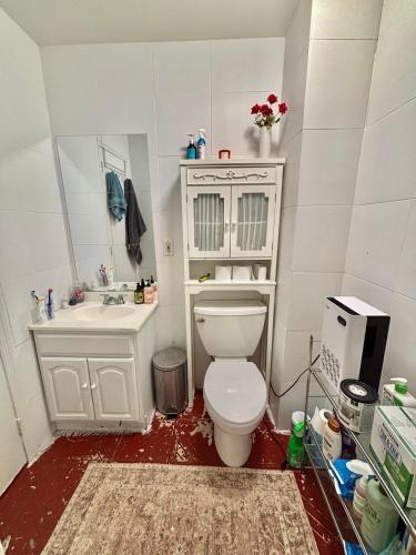a bathroom with a white toilet and a sink at Cozy Brooklyn Home, Private Room in Host Shared Apartment in Brooklyn