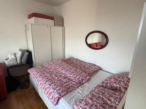 una camera da letto con un letto e uno specchio sul muro di Plesivica Hillside HolidayHome Hot-Tub - 1 Bedroom a Jastrebarsko