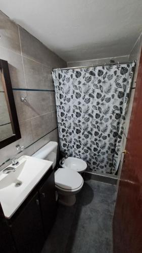 a bathroom with a toilet and a sink and a shower curtain at Departamento familiar con pileta exclusiva in Villa Carlos Paz