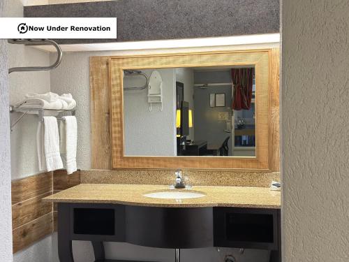 a bathroom with a sink and a mirror at The Lodge Hotel and Banquets in Bridgeton