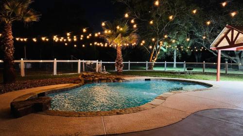 a swimming pool with lights and palm trees at night at The Blue Oasis - Palm & Pool Retreat in Pearland