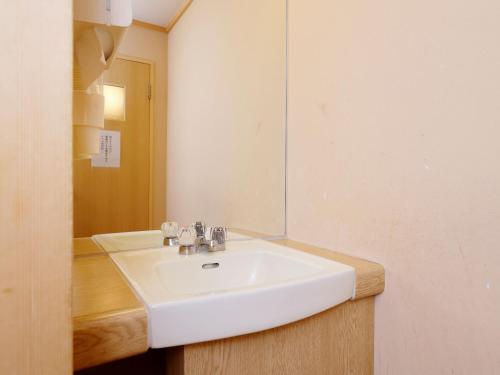 奈良市にある観光ホテルタマル　の白い洗面台と鏡のあるバスルーム